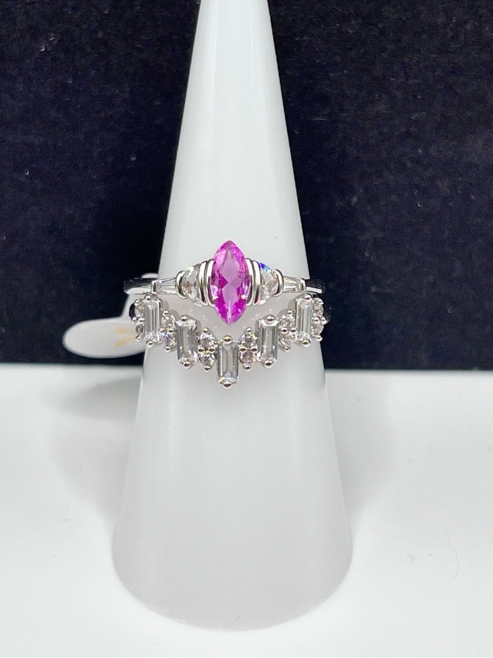 Silver Marquise Pink Stone Ring Set with Clear Baguette Accents